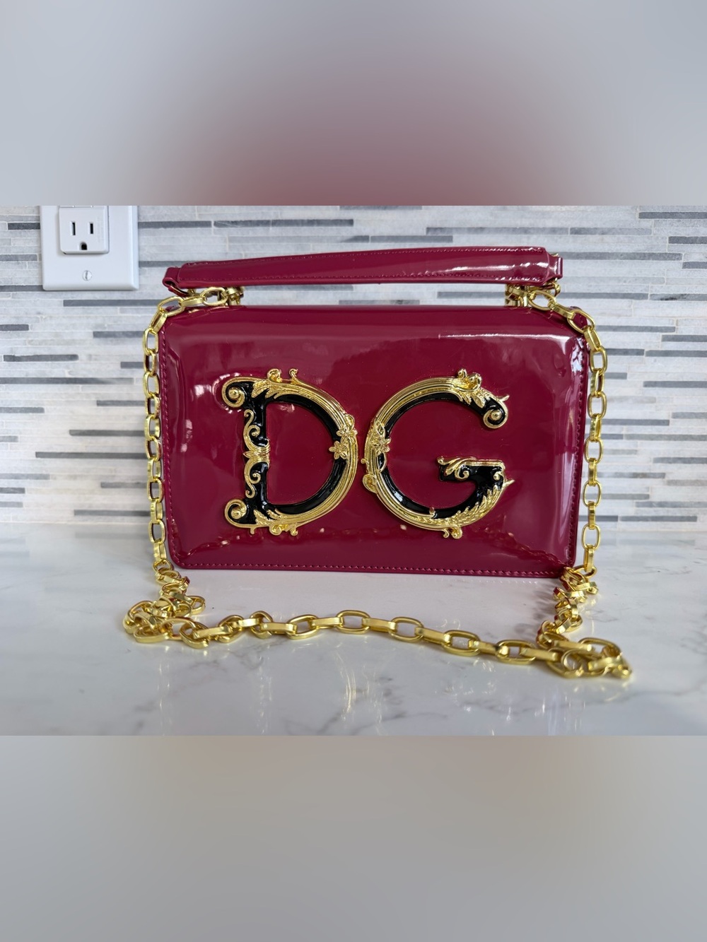 Dolce & Gabbana Patent Crossbody Bag in Burgundy with Gold Hardware